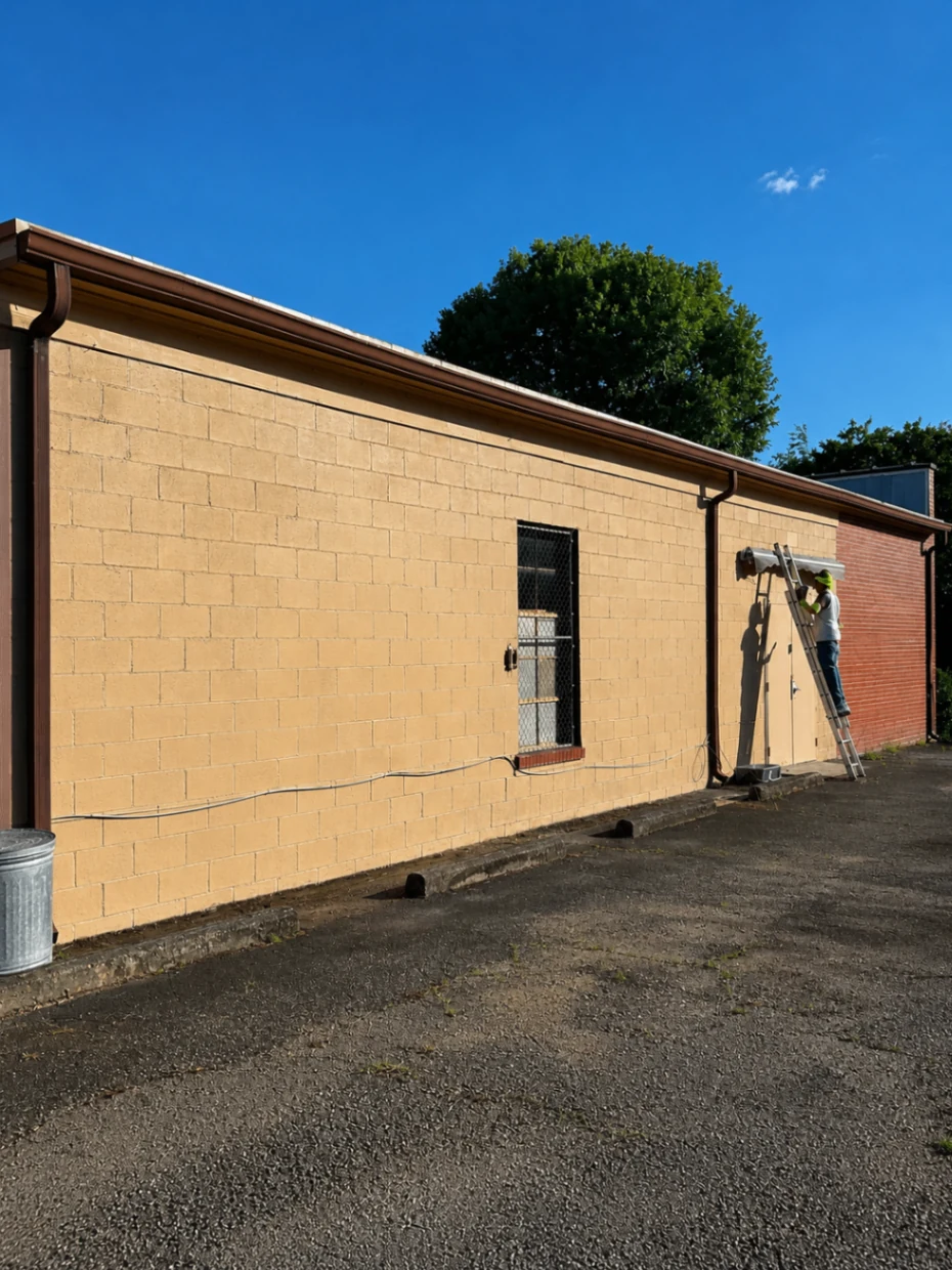 Exterior painting project in progress on a tan masonry building with worker and ladder